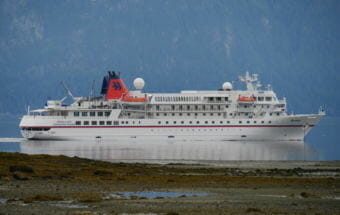 The cruise ship Bremen anchored near Petersburg’s Sandy Beach in July of 2017. (Photo by Joe Viechnicki/KFSK)