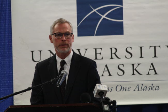 UA president Jim Johnsen delivers his State of the University address at the University of Alaska Anchorage Lucy Cuddy Hall. (Photo by Wesley Early/Alaska Public Media)