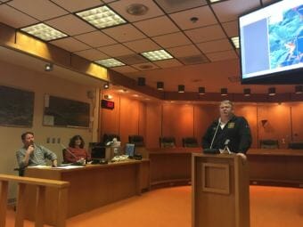 Kodiak Fire Chief Mullican goes over Kodiak’s recent tsunami evacuation. (Photo by Mitch Borden/KMXT)