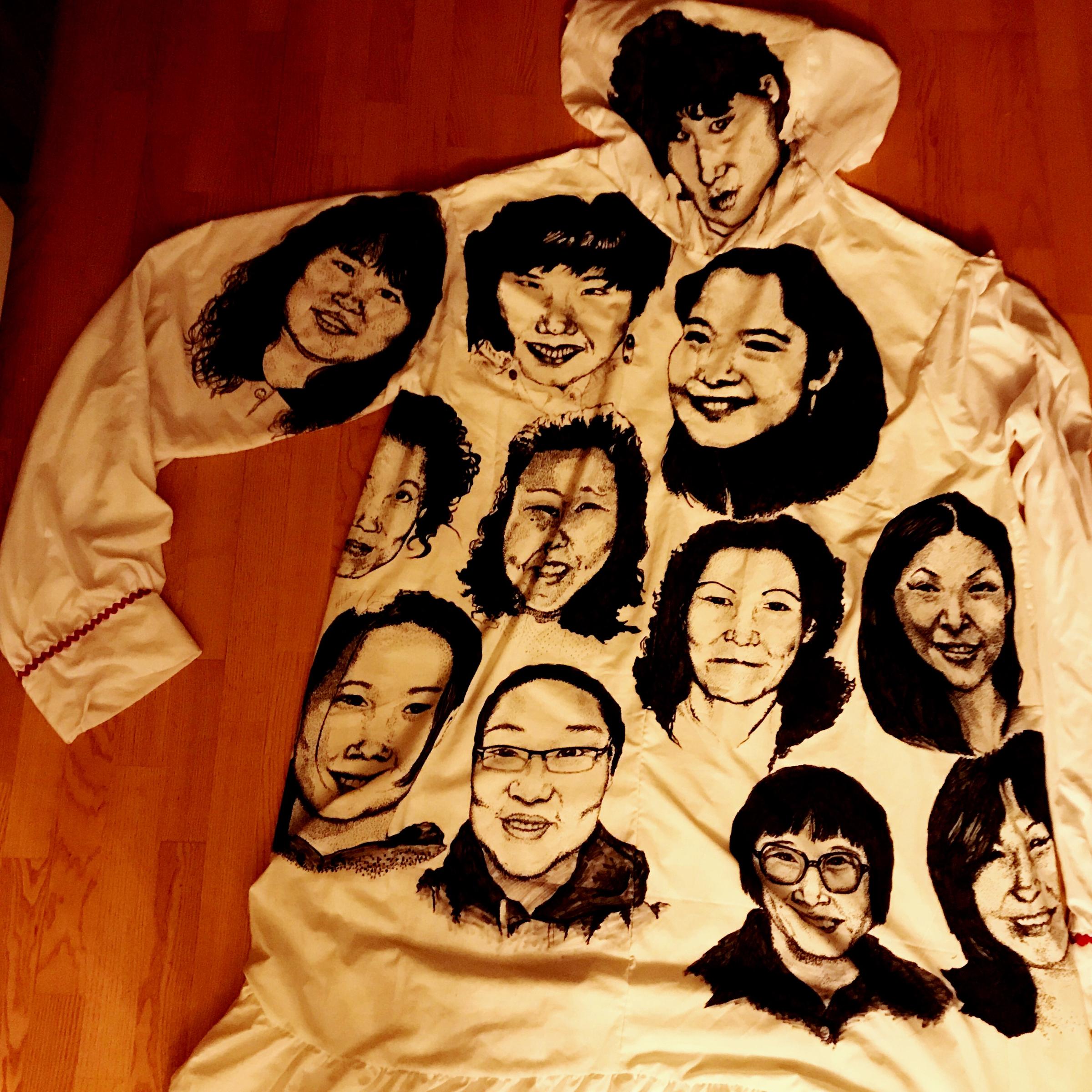 The kuspuk, made from recycled cotton sheets, is seven feet tall. The portraits are drawn in permanent marker. (Photo courtesy Amber Webb)
