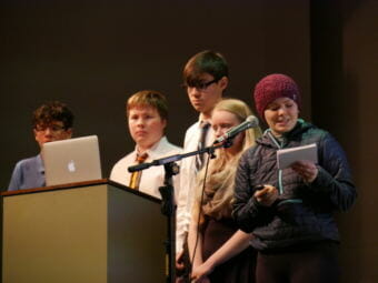 Joseph Giesbrecht, left, Anders Christensen, Gabe Torrez, Helen Martin and Marissa Nilsen presented their research on extreme winds at the Wright Auditorium before leaving for the state competition in Seward. (Photo by Joe Viechnicki/KFSK)