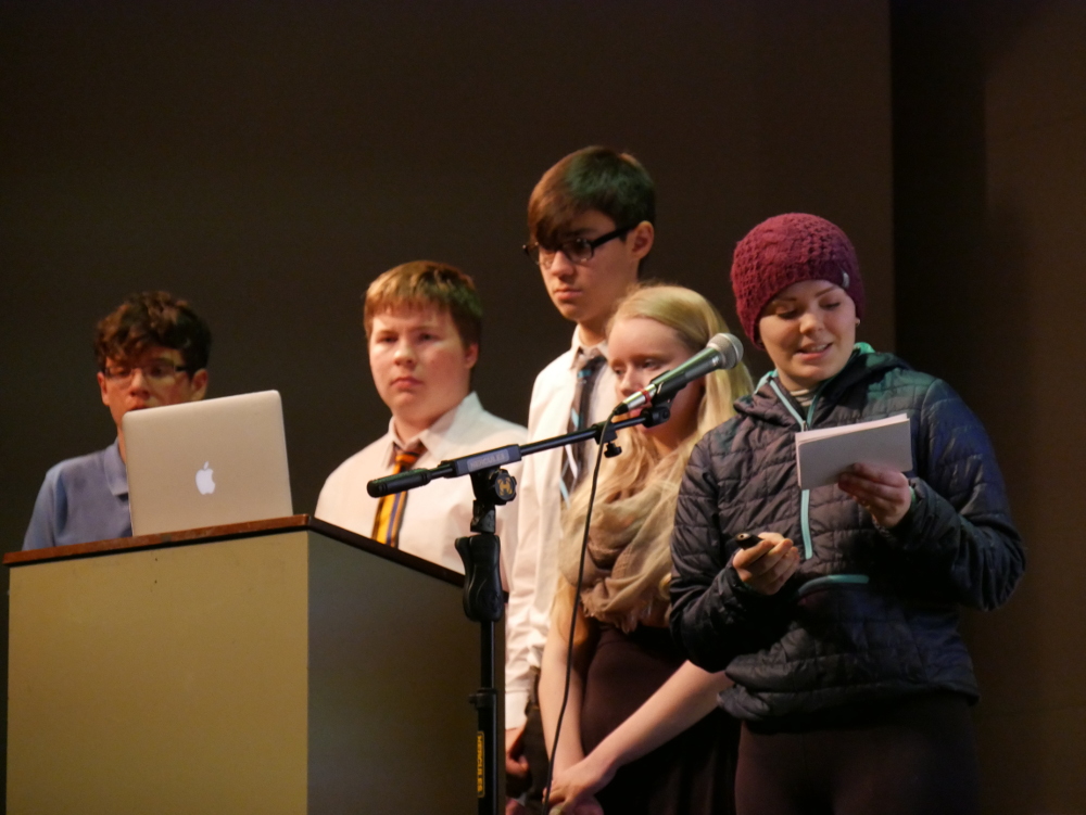 Joseph Giesbrecht, left, Anders Christensen, Gabe Torrez, Helen Martin and Marissa Nilsen presented their research on extreme winds at the Wright Auditorium before leaving for the state competition in Seward. (Photo by Joe Viechnicki/KFSK)
