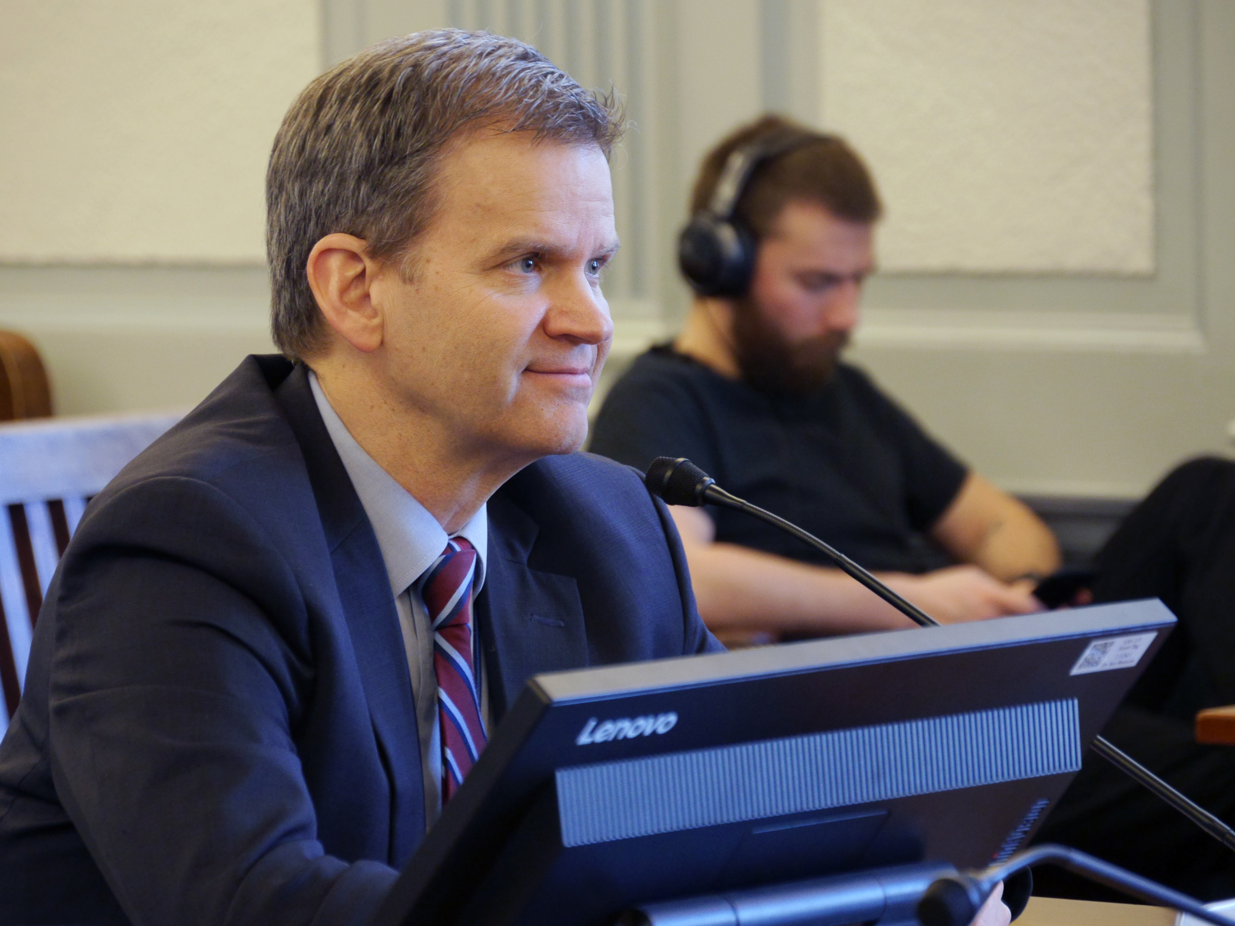 Sheldon Fisher, commissioner designee for the Department of Revenue, listens while he is introduced in the Senate Finance Committee, March 21, 2018. He was there to participate in his confirmation hearing in that body. (Photo by Skip Gray/360 North)
