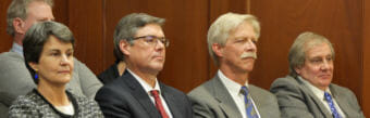 Alaska Supreme Court Justices Susan M. Carney, Joel H. Bolger, Peter J. Maassen, and Daniel E. Winfree listen to the State of the Judiciary address delivered to the Legislature by Chief Justice Craig Stowers on Feb. 7, 2018.