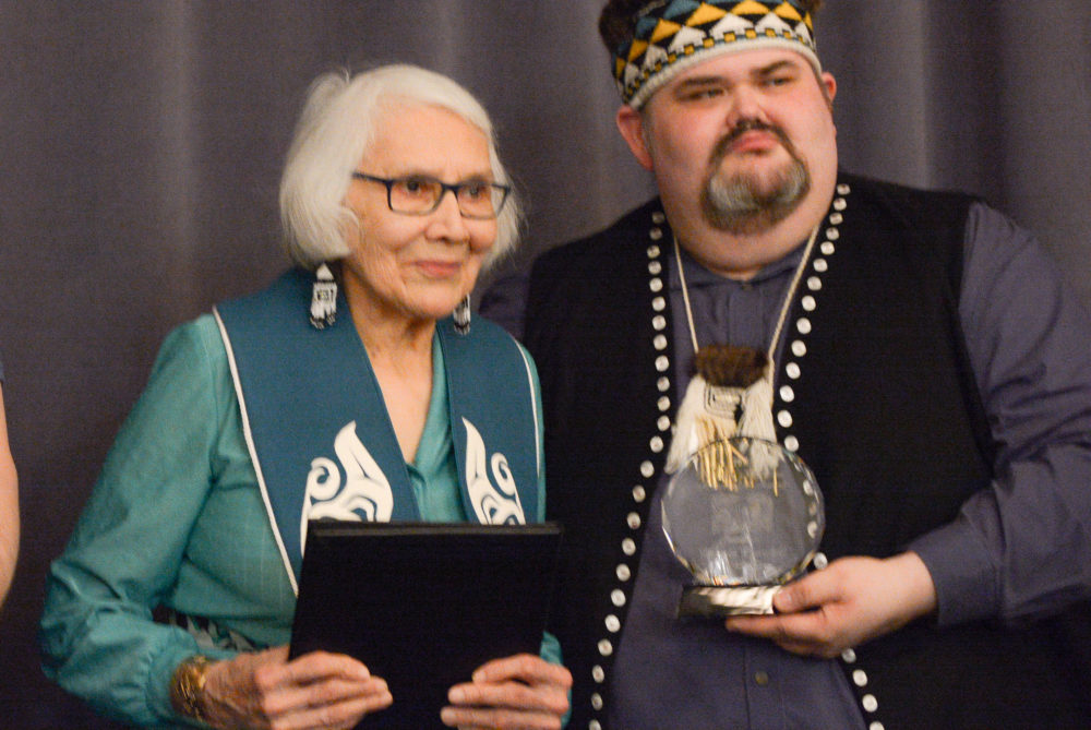Delores Churchill receives the Lifetime Achievement Award from Central Council of Tlingit and Haida Indian Tribes president Richard Peterson in 2017 (Photo courtesy CCTHITA).
