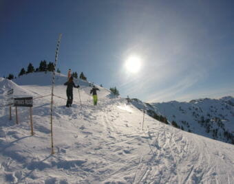 A pair of skiers hike out to Pittman‘s Ridge at Eaglecrest Ski Area in March 2018.