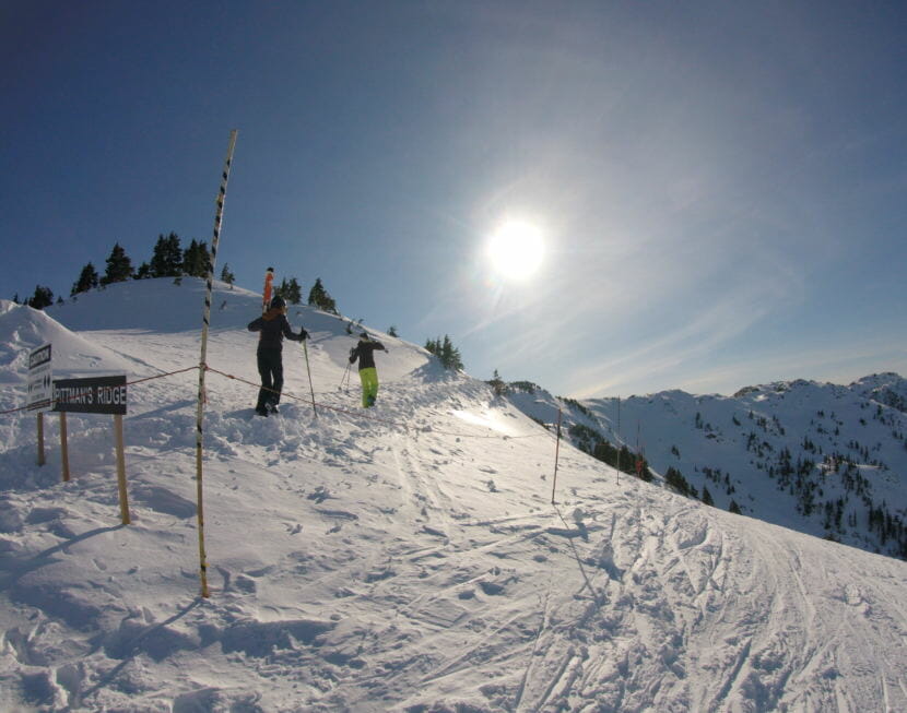 A pair of skiers hike out to Pittman's Ridge at Eaglecrest Ski Area in March 2018.