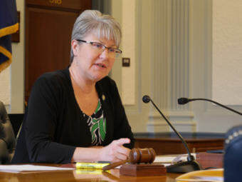 Sen. Anna Mackinnon, R-Eagle River, chairs the Senate Finance Committee in the Alaska Capitol, April 25, 2018. (Photo by Skip Gray/360 North)