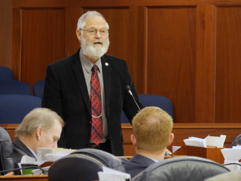 Rep. Paul Seaton, R-Homer, co-chair, House Finance Committee, gives an overview of House Bill 286 -- the state operating budget -- during the House floor session in the Alaska Capitol, April 2, 2018. (Photo by Skip Gray/360 North)