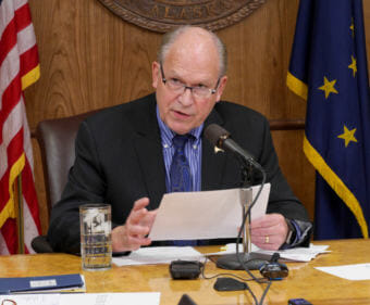 Gov. Bill Walker speaks to reporters during a press conference at the Capitol, April 26, 2017. (Photo by Skip Gray/360 North)