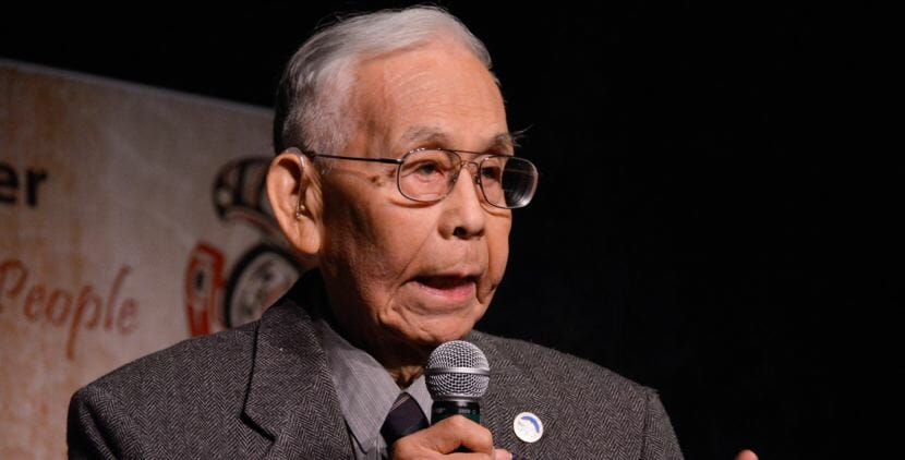 Longtime educator and coach Gil Truitt speaks after receiving the President’s Lifetime Achievement Award during an April 19 ceremony in Juneau. He and seven others were honored by the Central Council of Tlingit and Haida Indian Tribes of Alaska. (Photo by CCTHITA)