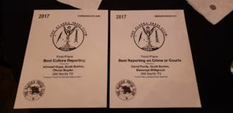 David Purdy, Scott Burton, Ishmael Angaluuk Hope, Elasonga Milligrock, and Cheryl Snyder won Alaska Press Club awards for two long-form TV stories, "Lineage: Tlingit Art Across Generations" and "Inside Out: Leaving Prison Behind." (Photo by Jeremy Hsieh/KTOO)