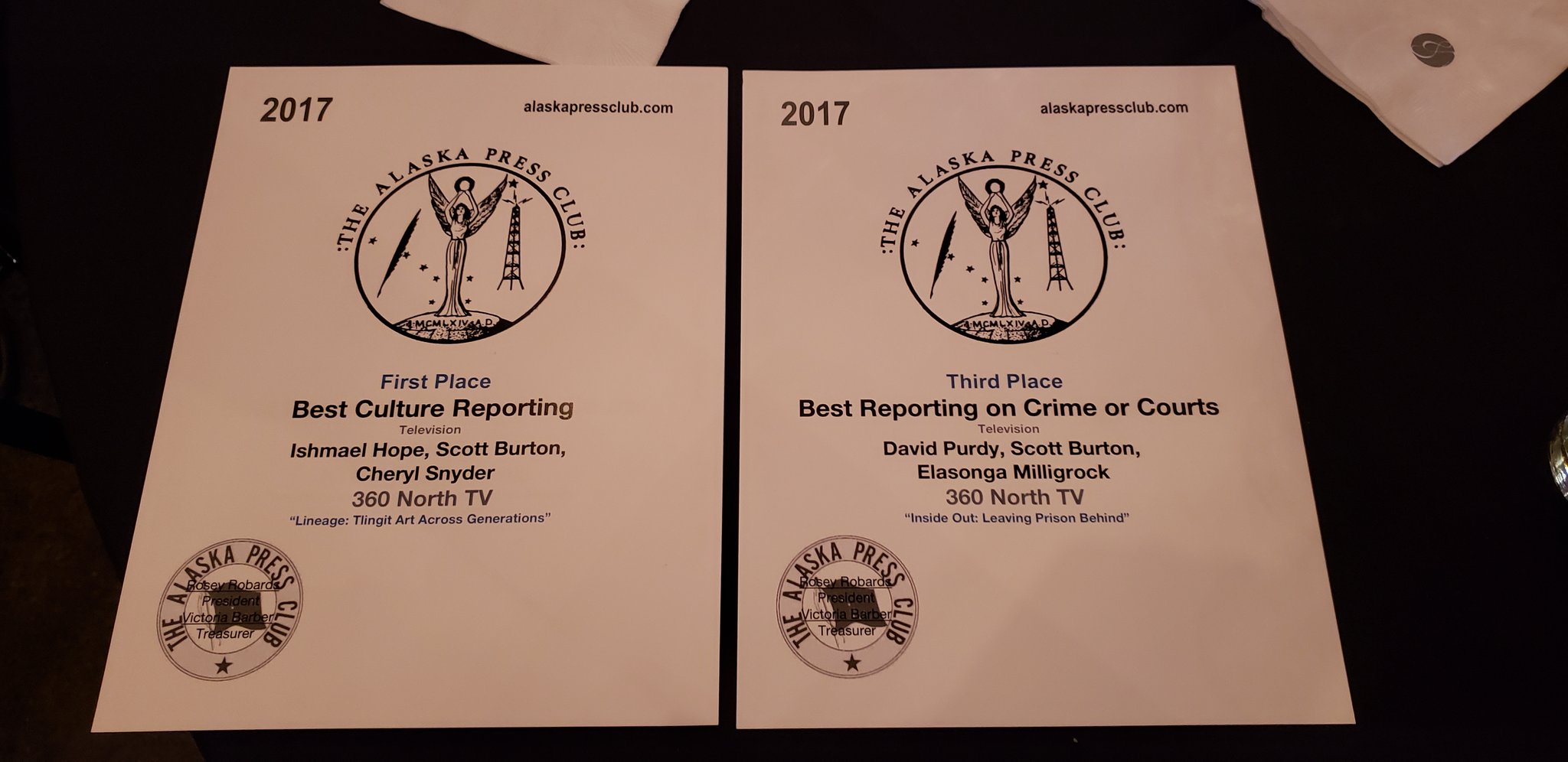 David Purdy, Scott Burton, Ishmael Angaluuk Hope, Elasonga Milligrock, and Cheryl Snyder won Alaska Press Club awards for two long-form TV stories, "Lineage: Tlingit Art Across Generations" and "Inside Out: Leaving Prison Behind." (Photo by Jeremy Hsieh/KTOO)