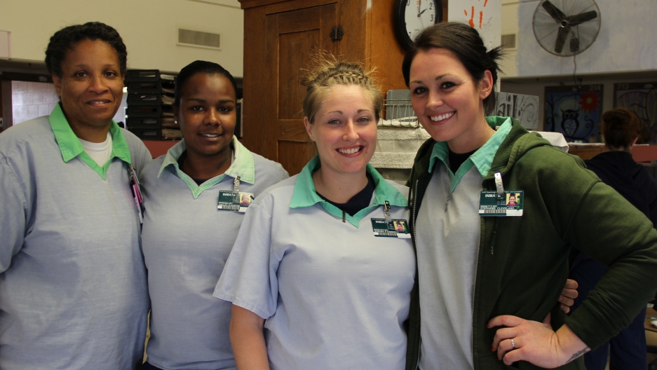Women serving time at the Ohio Reformatory for Women are offered a comprehensive treatment program called Tapestry. It helps them stay clean and make an easier transition when they finish their sentence. Lisa Duncan, Ashley Porter, Sheena Kimberly and Stephanie Cleveland, all of whom are in the program, are pictured from left to right. (Photo by Allison Herrera/PRI)