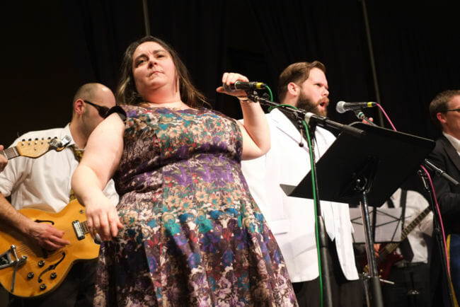 Gamble and the High Costa Livin' plays the Red Dog Saloon on Saturday night of the Alaska Folk Festival. (Photo by Annie Bartholomew/KTOO)