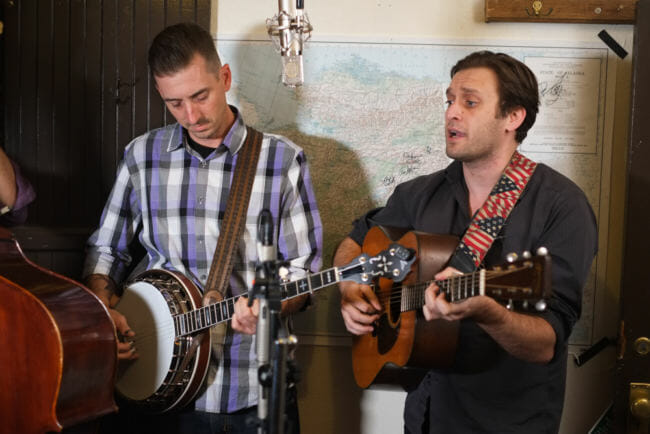The Bowties perform Thursday night at the Red Dog Saloon at 9:30. Billy Moore and Yoseff Tucker of The Bowties perform a Red Carpet Concert at the Alaskan Hotel during the 2016 Alaska Folk Festival. (Photo by Annie Bartholomew/KTOO)