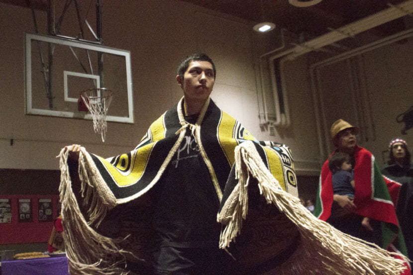 Treston Lafferty dances during 28th annual Heritage Celebration Ku.éex' on Friday, April 27, 2018, in Hoonah, Alaska. (Photo by Tripp J Crouse/KTOO)