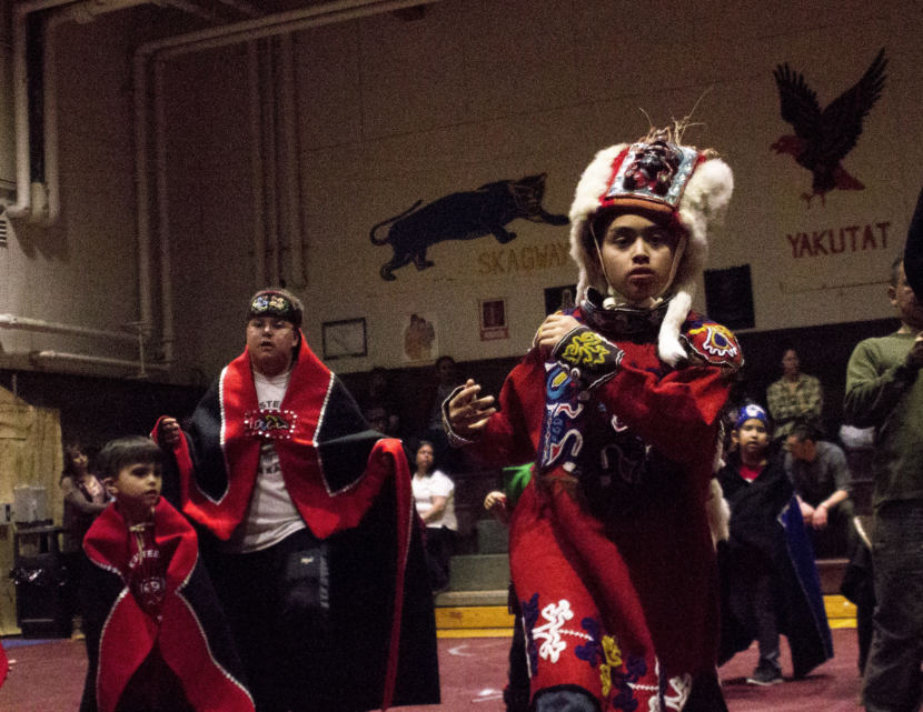 Richard Didrickson Jr., 11, dances Friday, April 27, 2018, during the Hoonah School's 28th annual Heritage Celebration Ku.éex'. (Photo by Tripp J Crouse/KTOO)