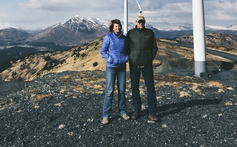 Sen. Lisa Murkowski and U.S. Secretary of Energy Rick Perry visit Kodiak’s wind turbines on their short trip to the archipelago.(Twitter photo courtesy Rick Perry)