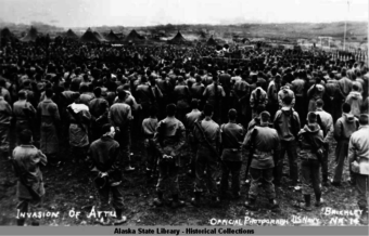 Because the Japanese had the advantage of time, the Americans attacked with quadruple the force — more than 12,000 soldiers. (Alaska State Library, Aleutian/Pribilof Project Collection, ASL-P233-V111)