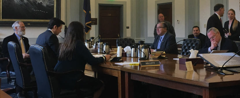 Members of the conference committee on Senate Bill 26, a plan to draw from Alaska Permanent Fund earnings to pay for state government, talk after releasing the committee's version of the bill. The new version doesn't say how much of the draw would be used for permanent fund dividends. (Photo by Andrew Kitchenman/KTOO)