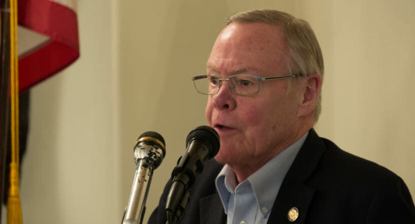 Sen. Dennis Egan, D-Juneau, addresses the Juneau Chamber of Commerce at the Juneau Moose Lodge on May 31, 2018.
