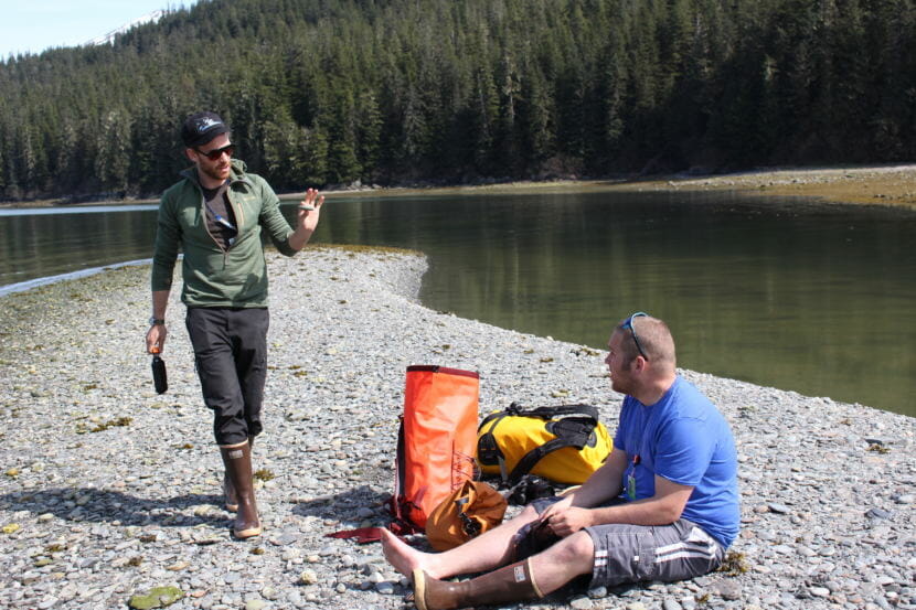 Dan Kirkwood and Bjorn Dihle get ready to check out this area in the Tongass National Forest, which could be the sight of future bear tours. (Photo by Elizabeth Jenkins/Alaska's Energy Desk)