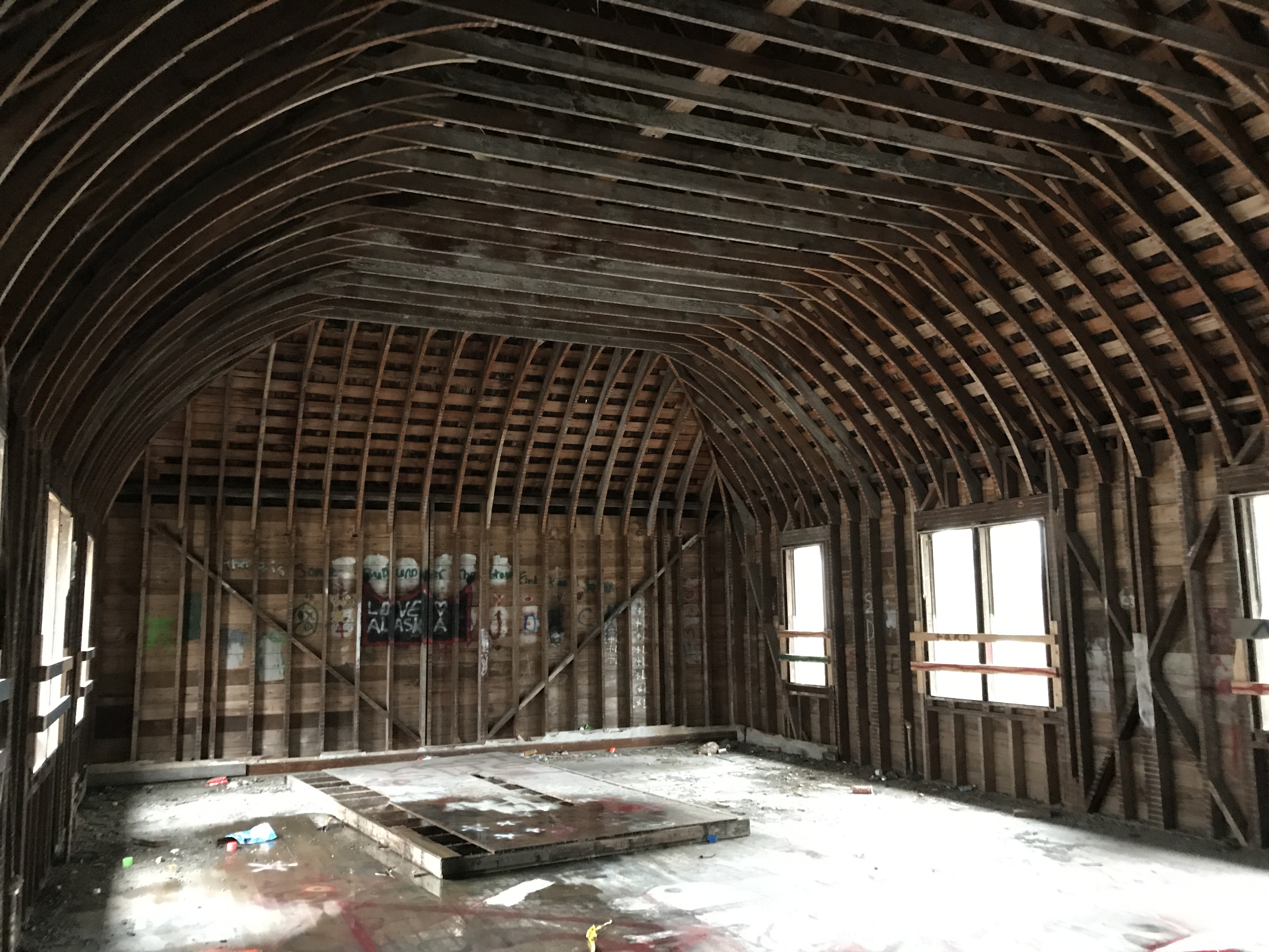 The Jesse Lee Home’s cathedral is still intact but has some graffiti on its walls. (Photo by Casey Grove/Alaska Public Media)