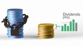 Two stacks of coins, representing the principal and the earnings of the Alaska Permanent Fund, with a graph showing how dividends (PFD) are calculated using income to the earnings.