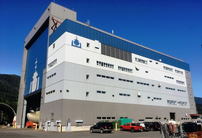 Part of the ferry Hubbard sticks out of the Vigor Alaska shipyard assembly hall in Ketchikan on May 16, 2018.
