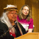 Della Cheney speaks during a weavers' presentation Wednesday, June 6, 2018, at the Shuka Hit clan house in the Walter Soboleff Building in downtown Juneau.