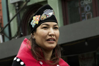 Various indigenous groups march and dance during a parade Saturday, June 9, 2018, in downtown Juneau, Alaska. (Photo by Tripp J Crouse/KTOO)