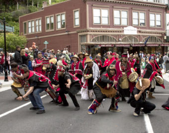 Various indigenous groups march and dance during a parade Saturday, June 9, 2018, in downtown Juneau, Alaska. (Photo by Tripp J Crouse/KTOO)