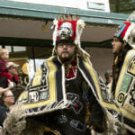 Various indigenous groups march and dance during a parade Saturday, June 9, 2018, in downtown Juneau, Alaska. (Photo by Tripp J Crouse/KTOO)