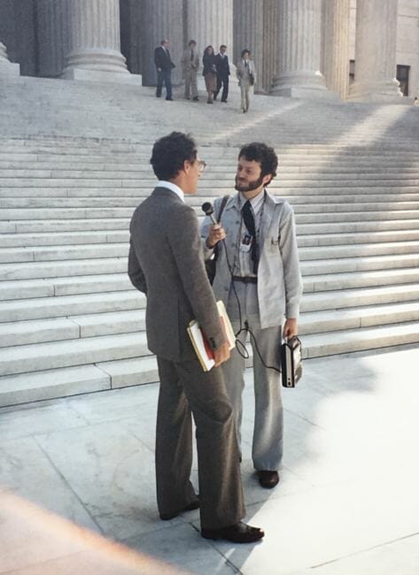 Avrum Gross is interviewed on the steps of the U.S. Supreme Court in Washington, D.C., after he defended the state’s permanent fund dividend program in Zobel v. Williams on Oct. 7, 1981.