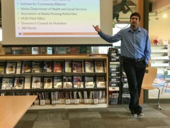 Brian Wilson, Executive Director of Alaska Coalition on Housing and Homelessness, addresses one of two town hall meetings he held in Sitka this week. About 55 people total attended. (Photo by Rachel Cassandra/KCAW)