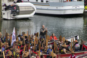 Alaska Gov. Bill Walker asks Native elders for permission to land at Douglas Harbor on June 5, 2018.