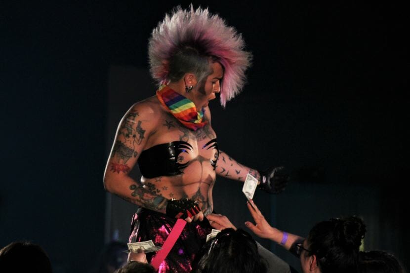 Drag king Spikey van Dykey performs at GLITZ's Saturday night show at Centennial Hall on June 16, 2018. (Photo by Adelyn Baxter/KTOO)