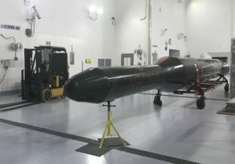 A Vector test rocket, or vehicle, housed inside the Alaska Aerospace Corporation facility. (Photo by Daysha Eaton/KMXT)