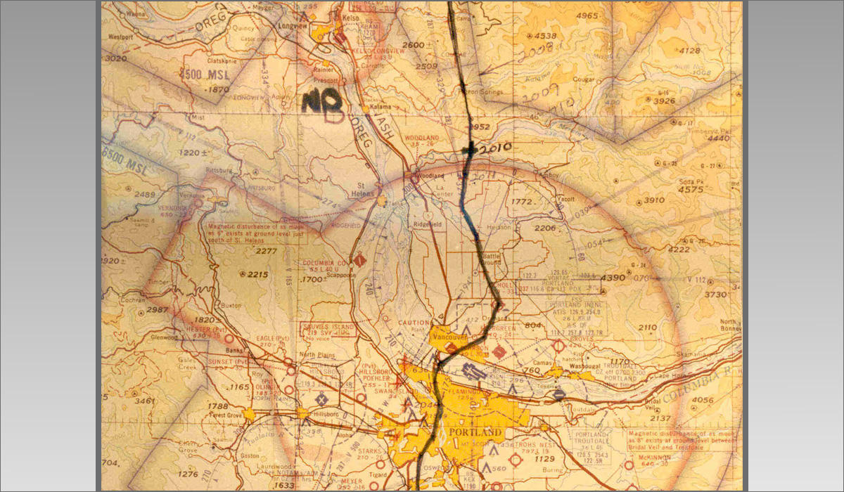 The FBI reconstruction of the flight path of the hijacked airliner places the jump zone over Southwest Washington, not near Cle Elum. (Map courtesy FBI archives)