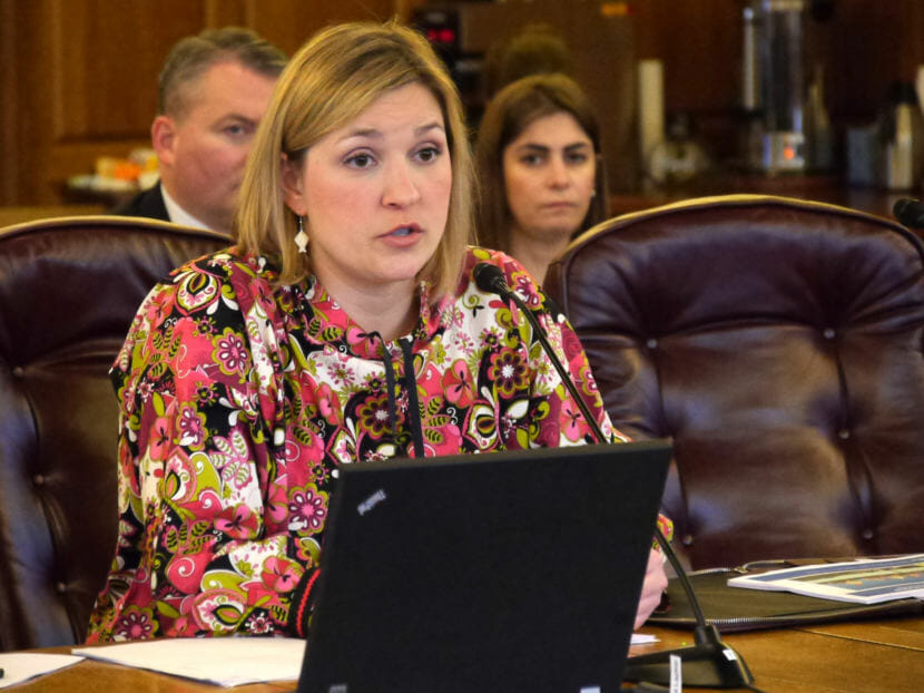 Heidi Drygas, Commissioner, Alaska Department of Labor and Workforce Development presents a budget. overview to the Alaska House Finance Committee, Jan. 29, 2016. (Photo by Skip Gray/360 North)