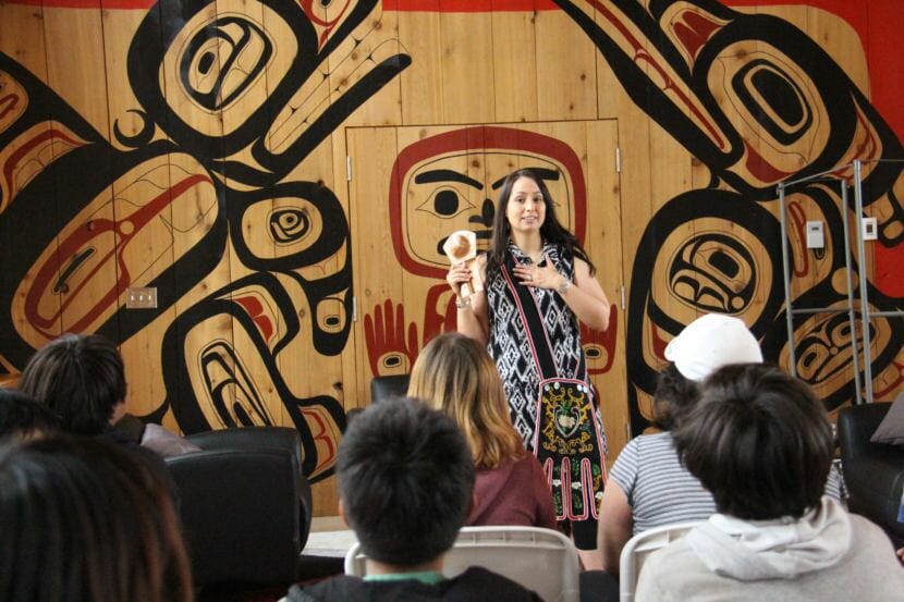 Mique'l Dangeli teaches seventh- through ninth-grade students at the Northwest Community College longhouse in Terrace, British Columbia. (Photo courtesy Mique'l Dangeli)