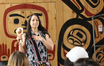 Mique'l Dangeli teaches seventh- through ninth-grade students at the Northwest Community College longhouse in Terrace, British Columbia. (Photo courtesy Mique'l Dangeli)