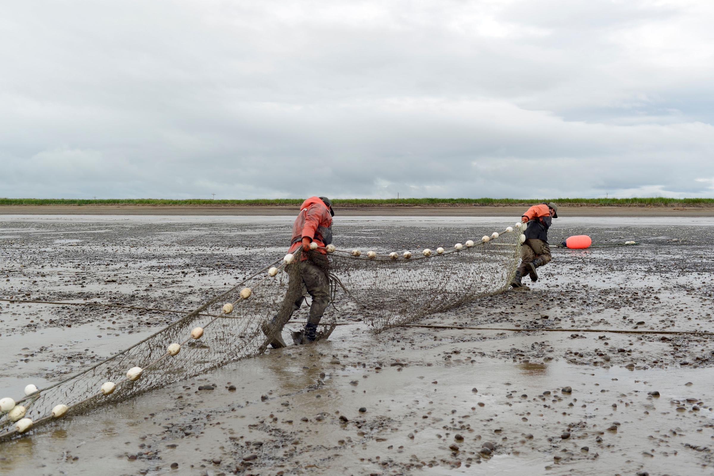Fishermen put a net in Pilot Point before high tide. (Photo by Mitch Borden/KDLG)