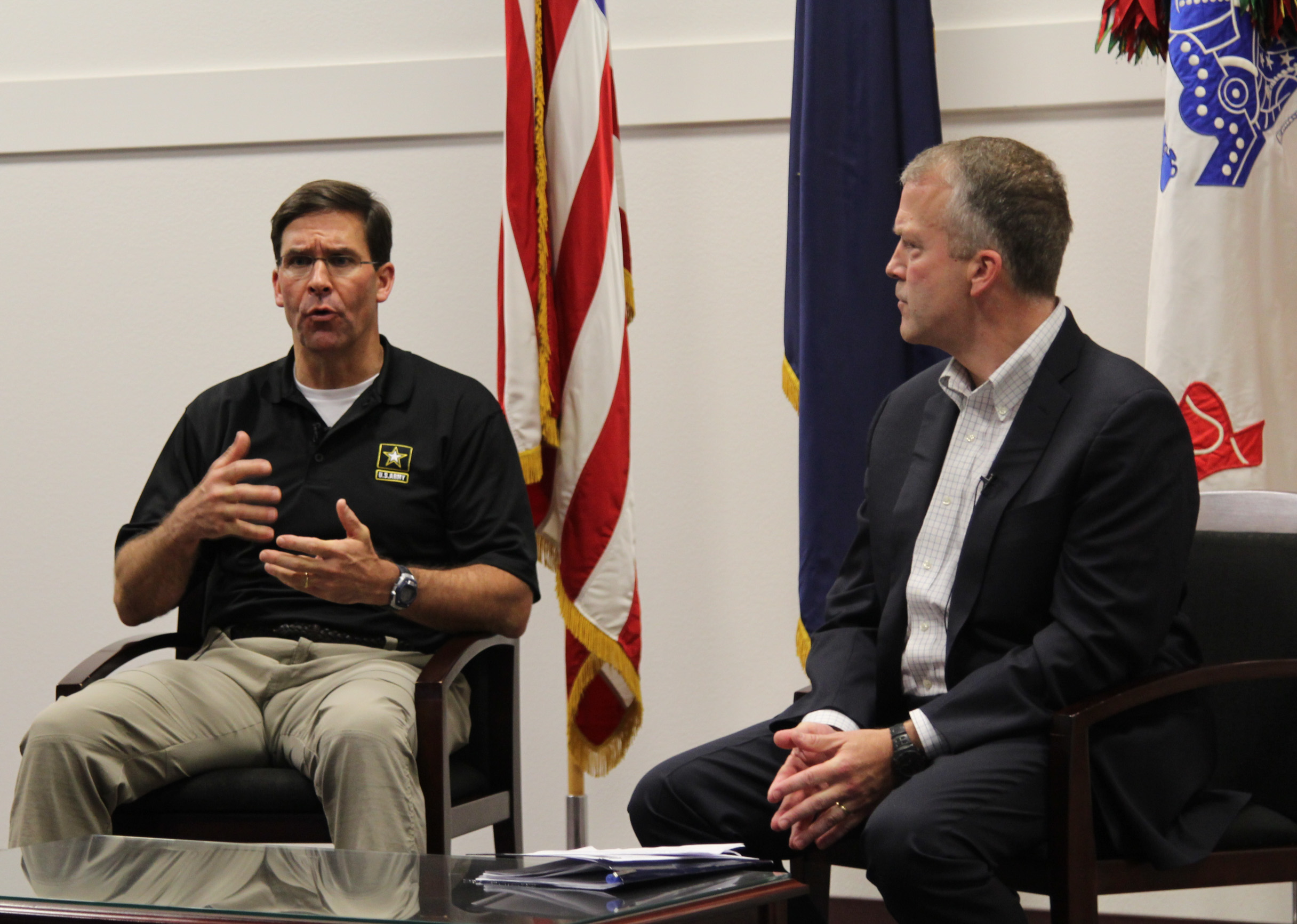 Army Secretary Mark Esper with Senator Dan Sullivan during a visit to Joint Base Elmendorf-Richardson. (Photo by Zachariah Hughes/Alaska Public Media)