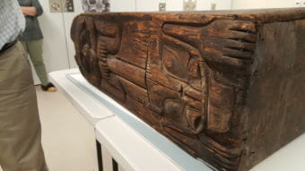 Sealaska Heritage Museum recently partnered with others to acquire infrared scans and enhanced photos of an old Tlingit box drum. The scans reveal more of the formline design on the drum. (Photo by Tripp J Crouse/KTOO)