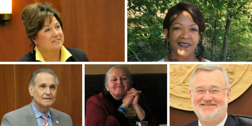 There are six candidates seeking the Republican primary nomination to be Alaska's lieutenant governor. From left to right, top to bottom: Lynn Gattis, Sharon Jackson, Kevin Meyer, Edie Grunwald and Gary Stevens. Not pictured: Stephen Wright.