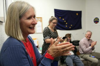 Andi Story celebrates the primary results with volunteers at her campaign headquarters in Juneau on Aug. 21, 2018. Story is the Democratic nominee for House District 34.