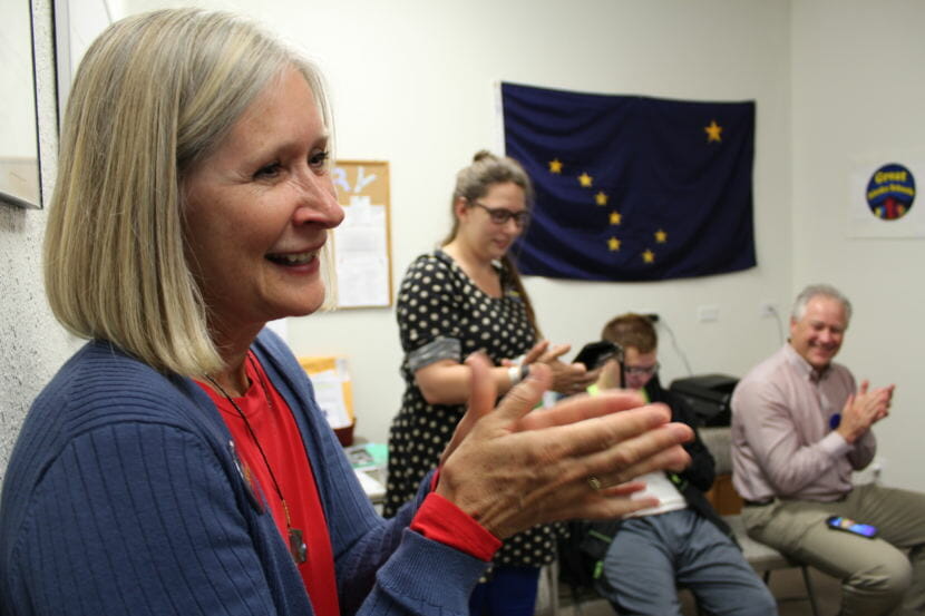 Andi Story celebrates the primary results with volunteers at her campaign headquarters on Tuesday night. Story is the Democratic nominee for House District 34.