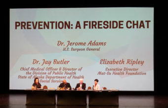 Stephanie Allen, left, Surgeon General Jerome Adams, Jay Butler and Elizabeth Ripley are part of a panel discussion at the Prevention Summit in Palmer. (Photo by Anne Hillman)